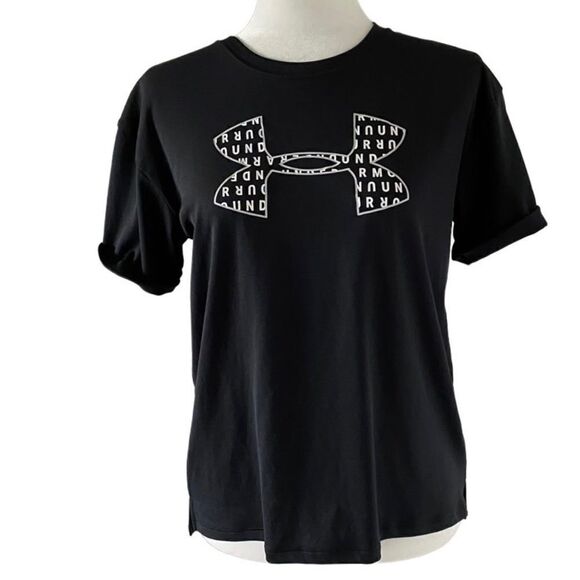 Under Armour Womans Heatgear Workout Top Black Rolled Sleeves SZ S - Picture 1 of 13